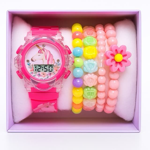 conjunto 3 peças relógio sortido infantil para meninas com pulseira e caixinha princesa Presente