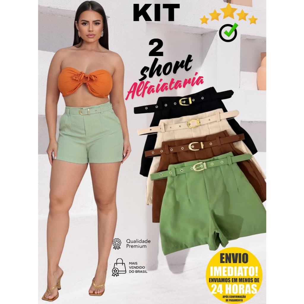 Kit 2 Shorts Feminino Alfaiataria Social Com Cinto Forrado Com Bolso ENVIO IMEDIATO