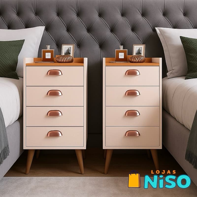 Mesa de Cabeceira Luxo Concha Monet 04 Gavetas Pés Palito Quarto Organizador - LANÇAMENTO