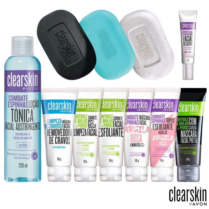 Linha Clearskin Avon: Sabonete Facial, Loção Tônica, Máscara Argila, Gel Secativo, Sabonete de Limpeza em Barra e mais