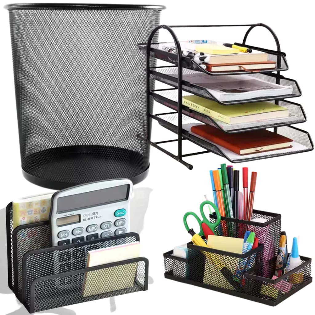 Kit Escritório Lixeira 4 Organizadores Porta Caneta Carta Papel Suporte 3 Bandejas Treco Home Office