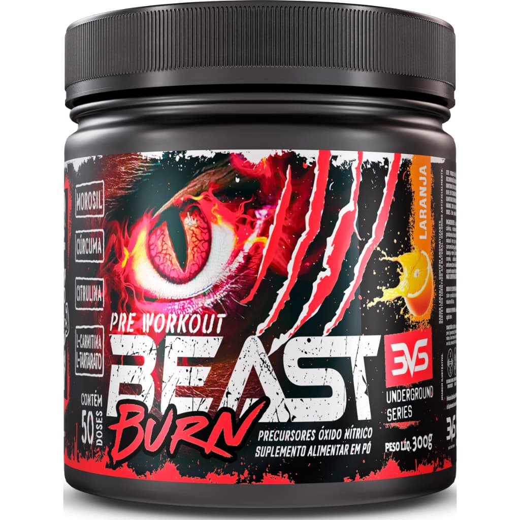 PRÉ TREINO BEAST BURN 300g - O Único Com Morosil, Beta Alanina, Cafeína, Arginina, e Muito Mais