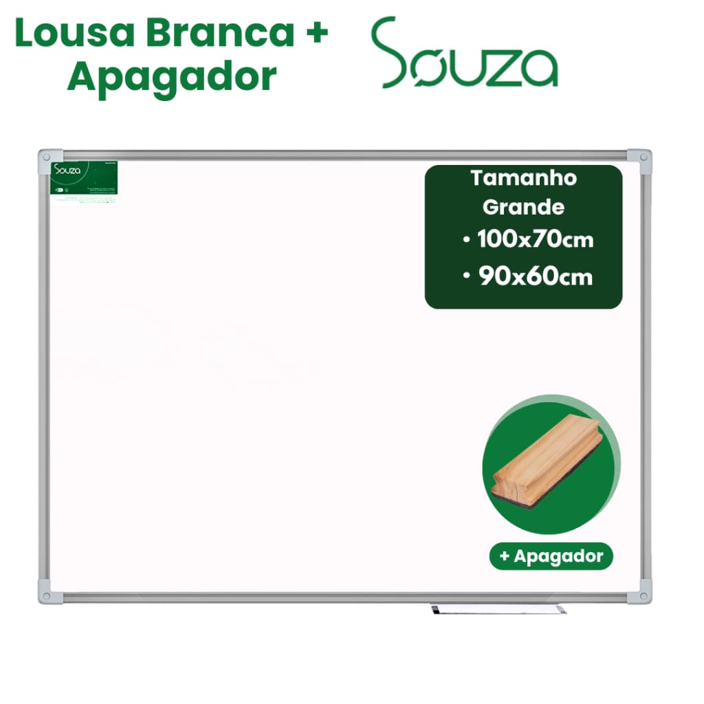 Lousa Branca Quadro Escolar 100×70 cm / 90×60 cm –  Completo (Moldura + Apagador Souza)