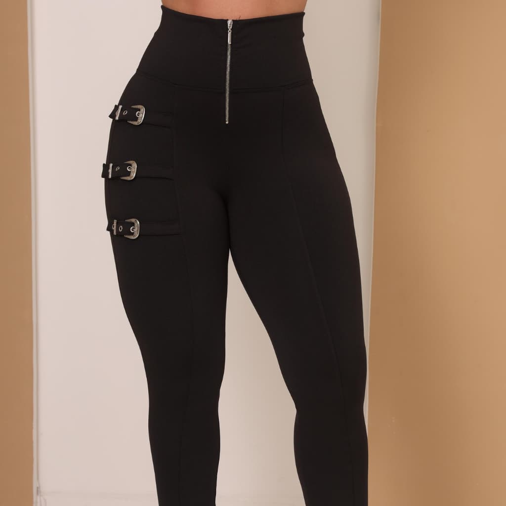Calça Modeladora Legging  Power Feminino com Detalhe de Cintos  Lateral e Ziper Elegante