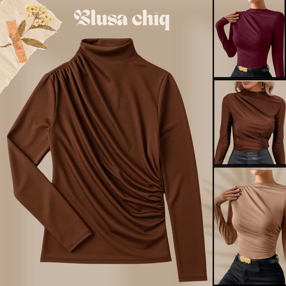 Blusa Feminina Elegante Marrom Manga Longa Suplex DRAPEADA Gola Alta Tendencia 2026 Blusinhas Moda
