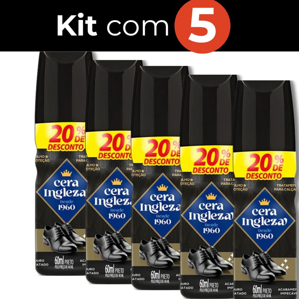Kit 5 Graxa para Sapato Liquida Ingleza para Calçados Botinas Botas Sapatos Polidor Proteção Brilho Preto 60ml