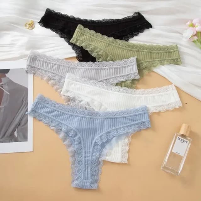 5 Calcinhas em Algodão Canelado Fio Dental com Renda  Conforto e Sensualidade Moda Íntima Feminina