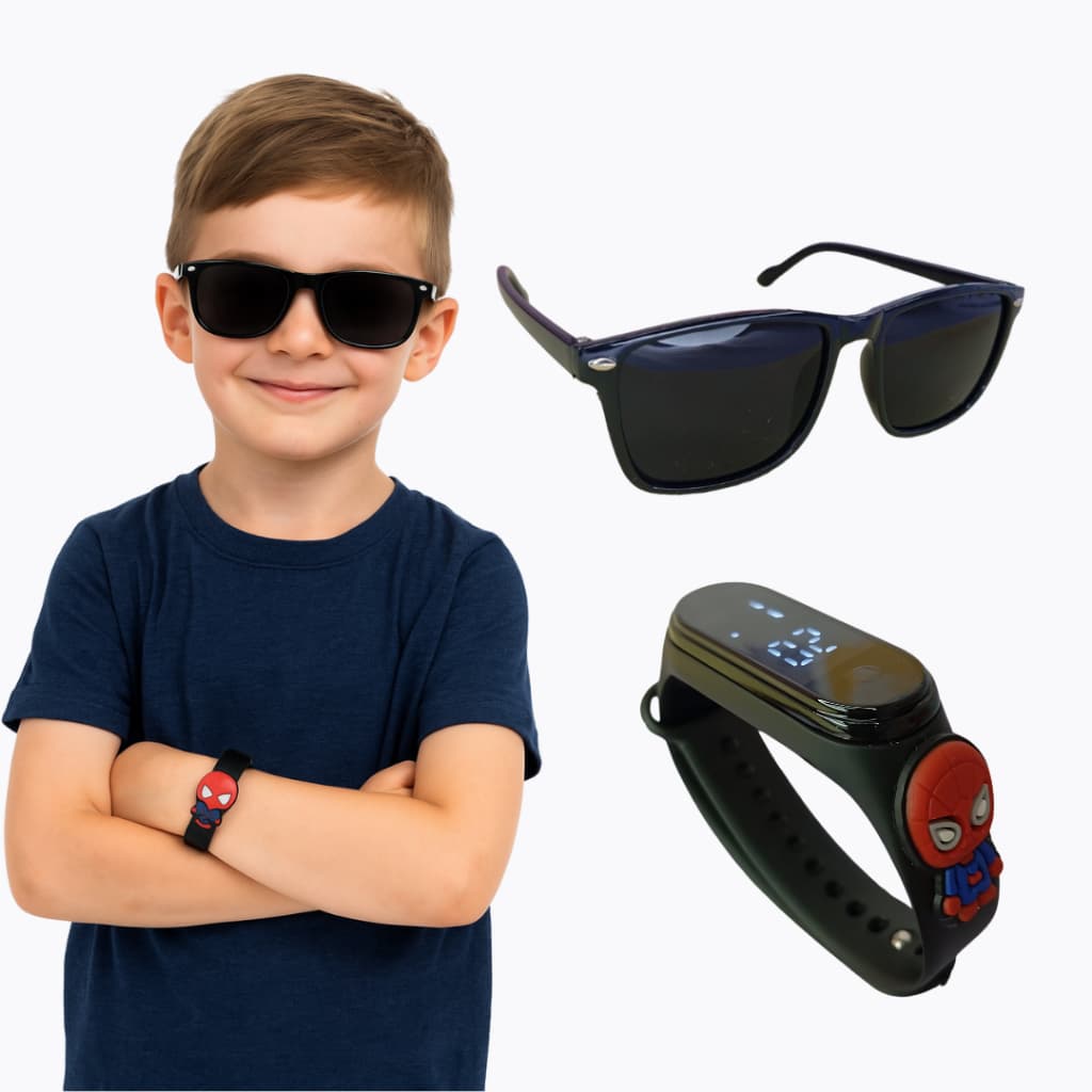 Kit Infantil Relógio Infantil com óculos de Sol para crianças Preto Homem aranha
