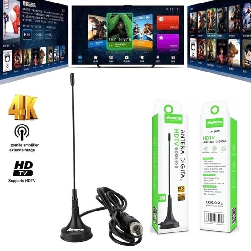 Antena Digital Interna e Externa Full Hdtv Uhf 4K Cabo de 3 Metros Para Tv Conversor Digital tx-3002