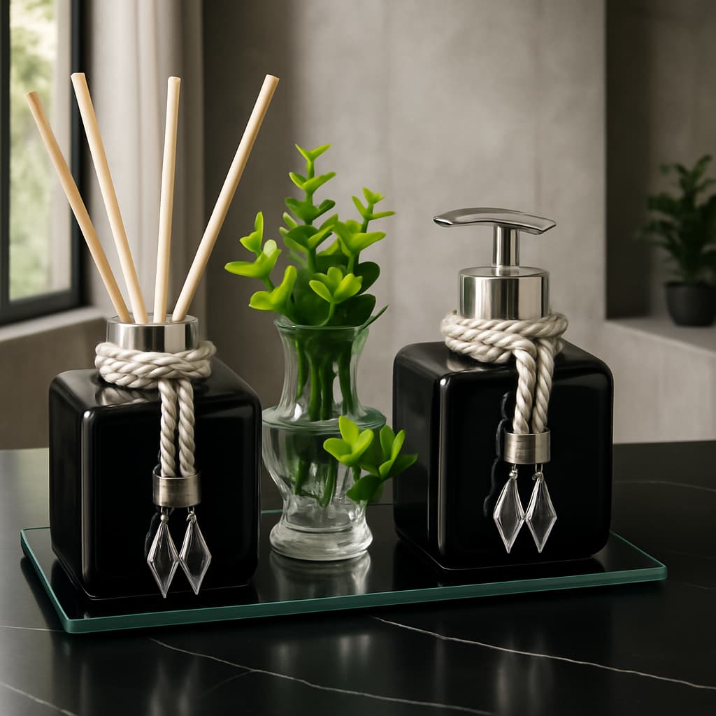 Kit  Lavabo Banheiro Moderno Luxo c/ Saboneteira 300 ml Aromatizador Vaso Bandeja