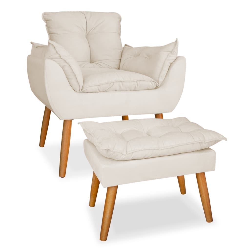 Kit poltrona mais puff deluxo pes palito em suede bege