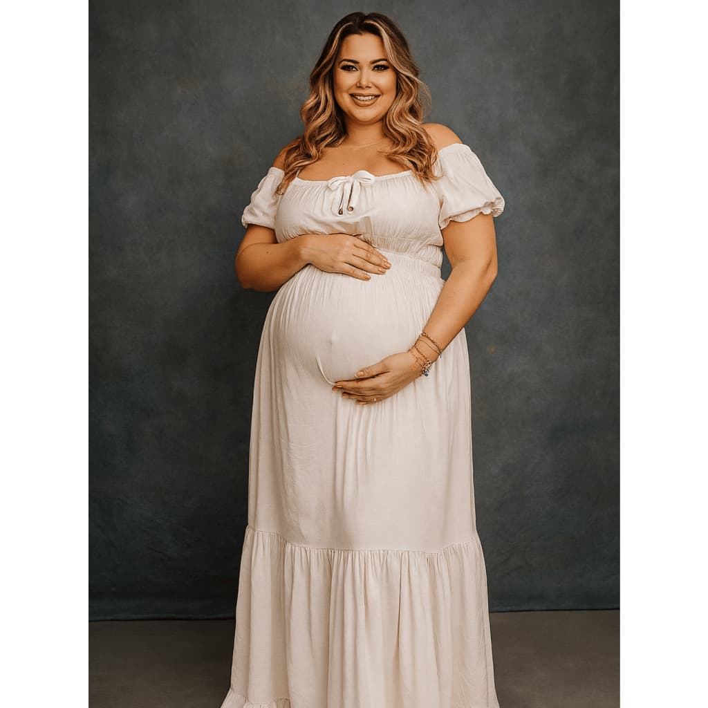 Vestido De Manga Longo Gestante Ombro a Ombro Elástico Ajustável Soltinho Vestido Para Grávida