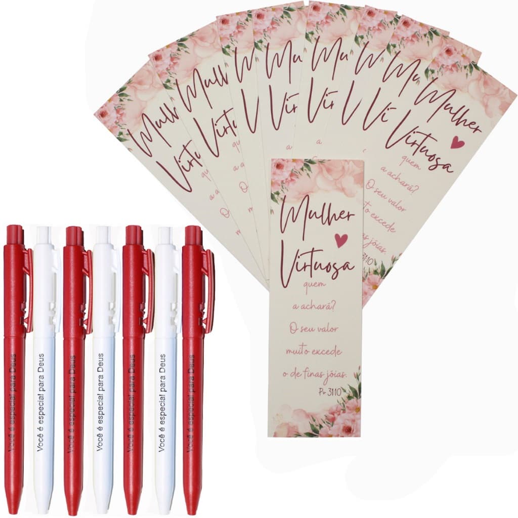 Kit 10 Marca Páginas 10 Canetas Lembrancinhas Evangélicas Mulher Virtuosa