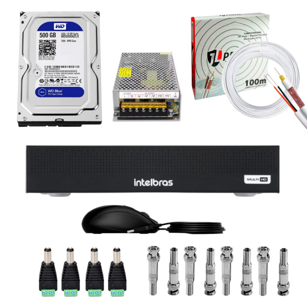 DVR INTELBRAS 1204C 4 CANAIS + 500GB + ITENS DE INSTALAÇÃO PARA 4 CÂMERAS CFTV