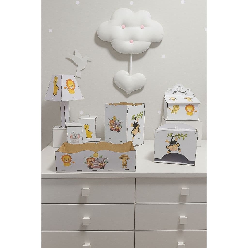 Kit Higiene Bebê Selva Safari 8 Peças Mdf Adesivado Branco