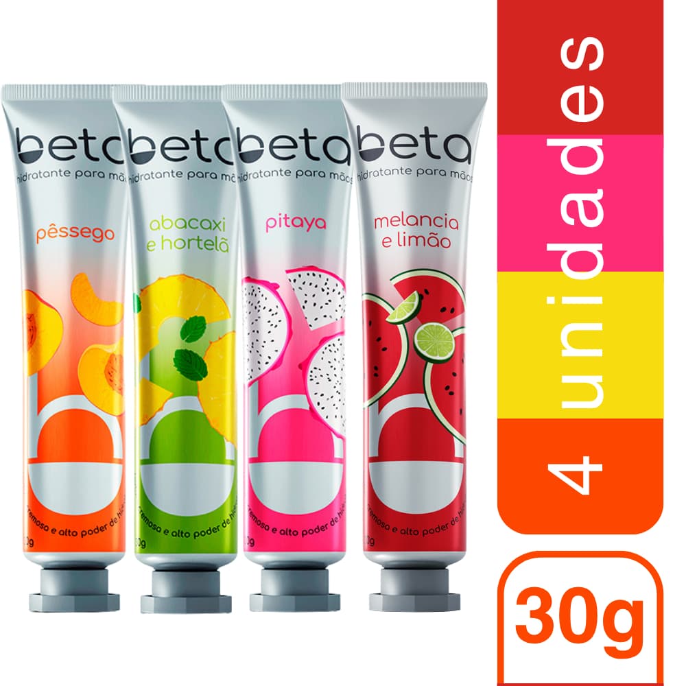 Kit com 4 Creme Hidrantante Para Mãos Beta Pêssego + Abacaxi e Hortelã + Pitaya + Melancia e Limão 30g