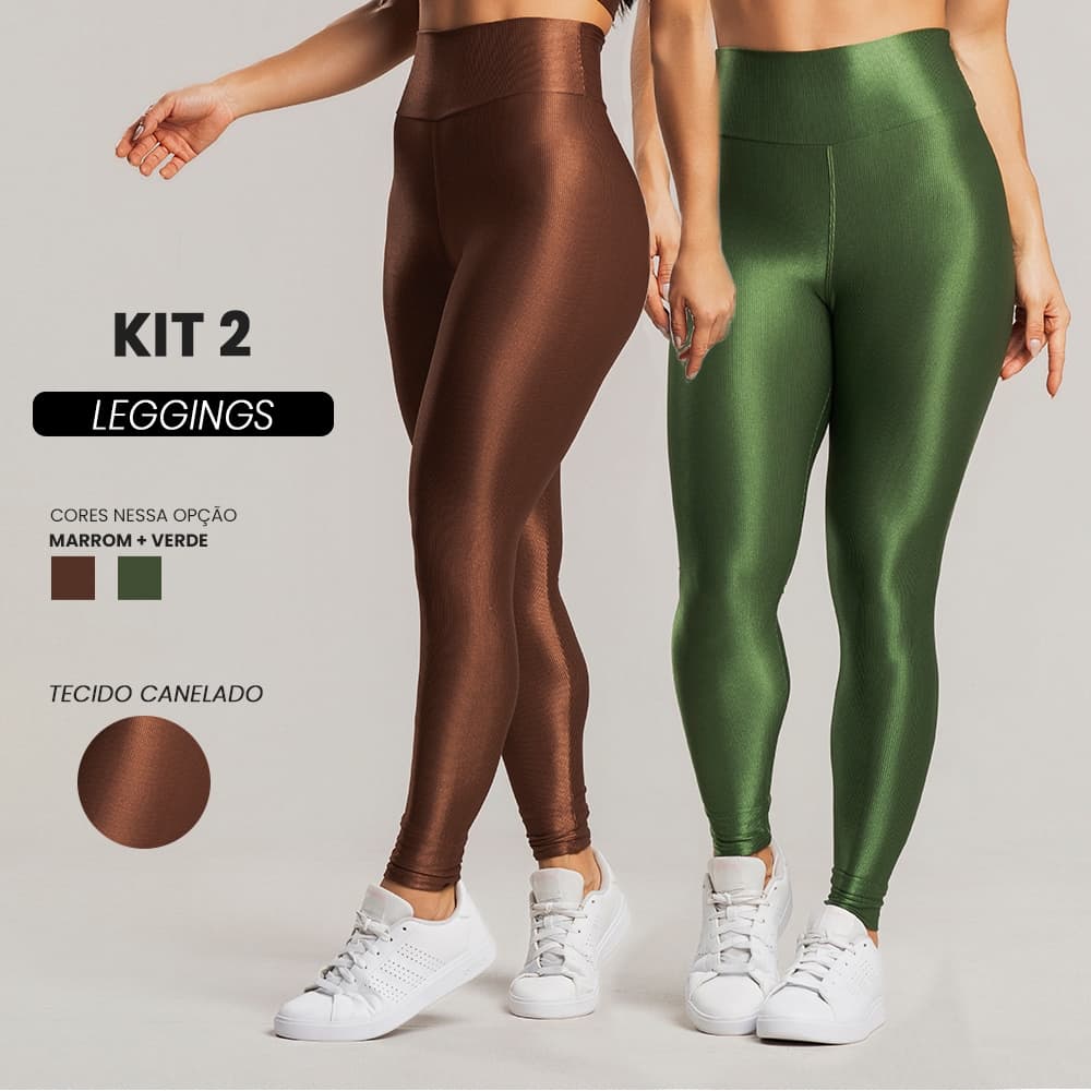 Kit 2 Calças Legging Fitness Feminina – Cós Alto Trilobal Canelada Cintura Alta Brilho Academia