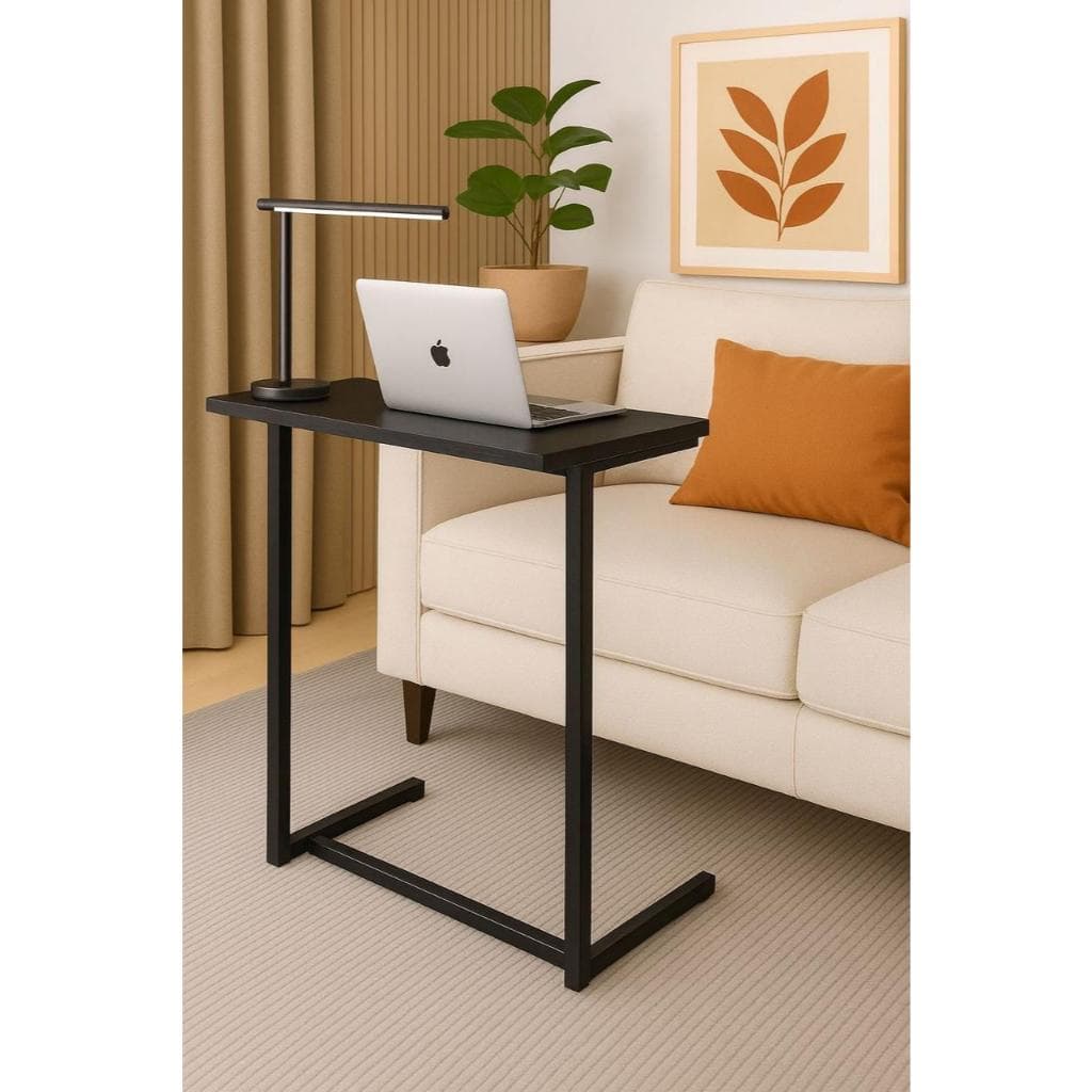 Mesa apoio e suporte lateral notebook cama sofa em aço tampo madeira Preta e Mel