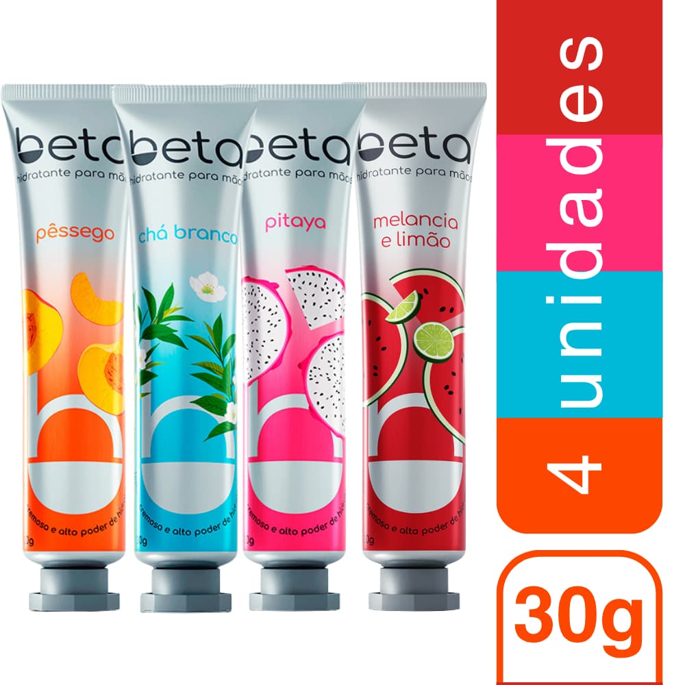 Kit com 4 Creme Hidratante Para as Mãos Beta Pêssego + Chá Branco + Pitaya + Melancia e Limão 30g