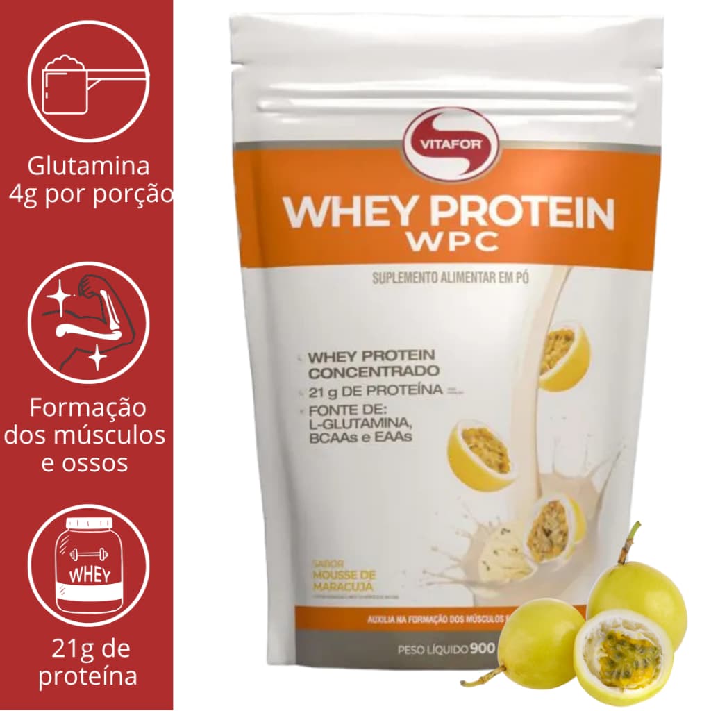 WHEY PROTEIN CONCENTRADO WPC COM GLUTAMINA 900G POUCH (21g de proteina) - VITAFOR
