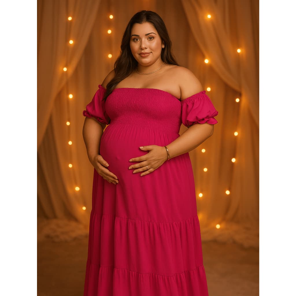 Vestido Gestante Ciganinha Longo Ombro a Ombro Ajustável Maternidade Amamentação Ensaio Chá De Bebê