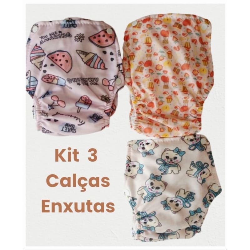 3 Calças Plasticas Fralda Ecológica Enxuta Reutilizável Bebê Infantil Lisas