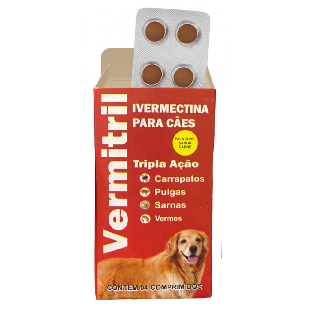 Vermitril - Anti Pulgas, carrapatos, sarnas e vermes -  4 Comprimidos mastigáveis para 15kg cada