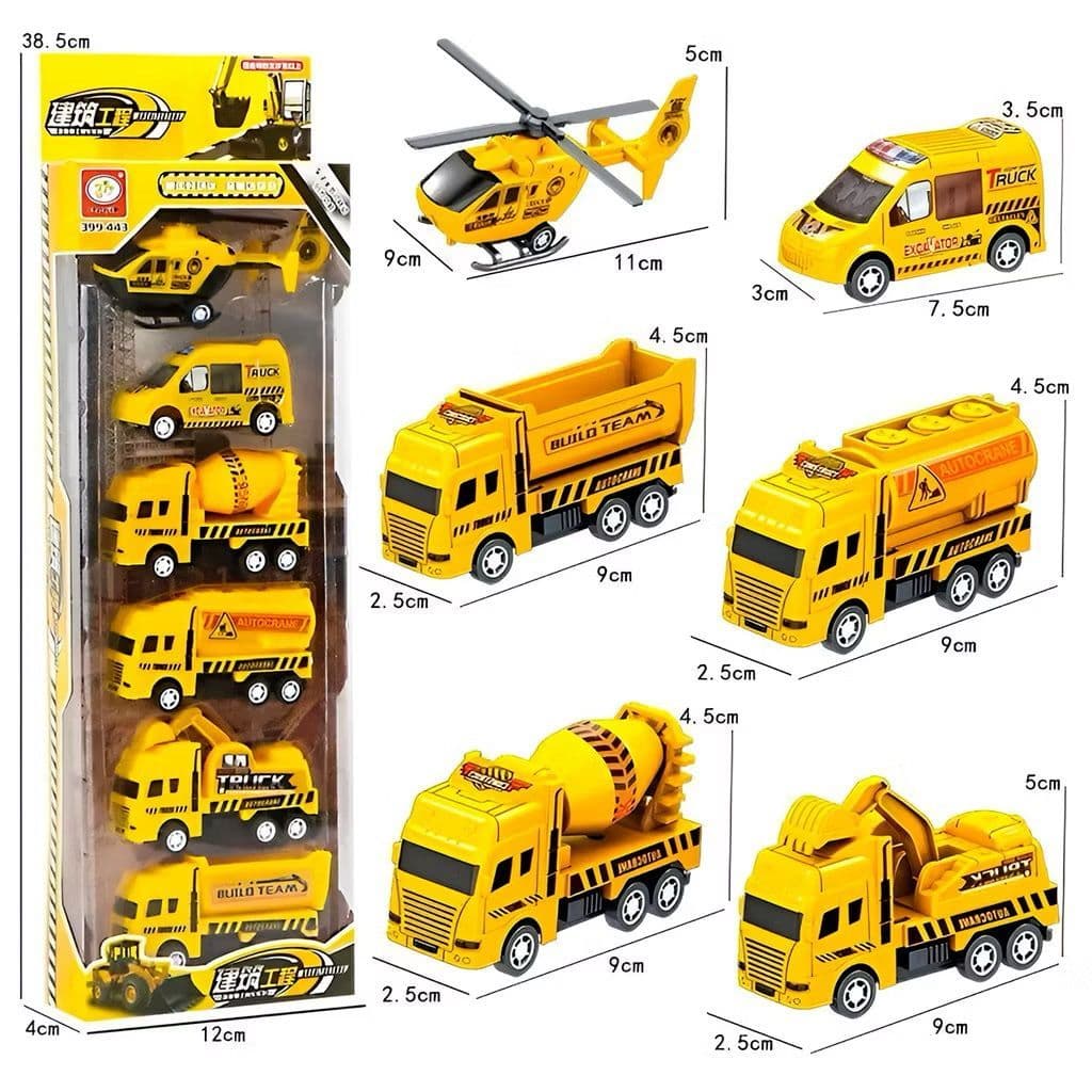 Coleção Kit 6 Carrinhos De Ficção Construção, Helicóptero, Carro, Caminhão Brinquedo, Escavadeira, Ambulância, Betoneira