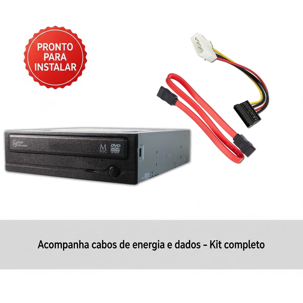 Kit Gravador e Leitor DVD CD SATA Para PC + Cabo SATA de Dados + Adaptador Molex de Energia