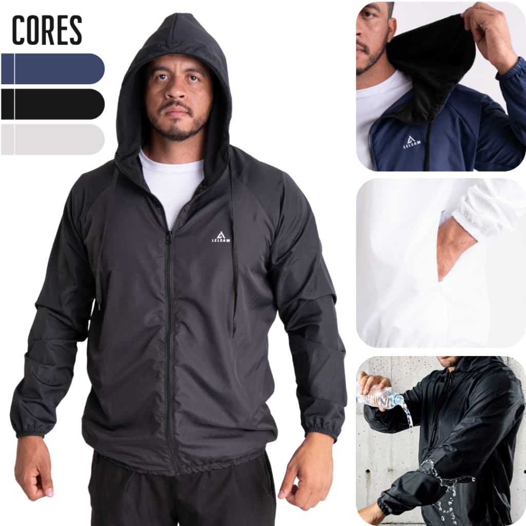 Jaqueta corta vento masculina capuz forrado repelente água bolsos reforçados uso diário ou esportivo