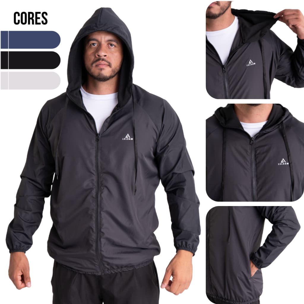 Jaqueta Preta Corta Vento com Capuz Masculino, Casual, Elegante, Esportiva, Treino, Fitness