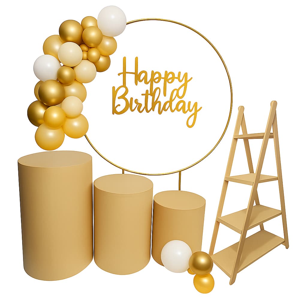 Kit Painel Redondo + Trio de Cilindros MDF + Escada Festa Aniversário Casamento Pegue Monte