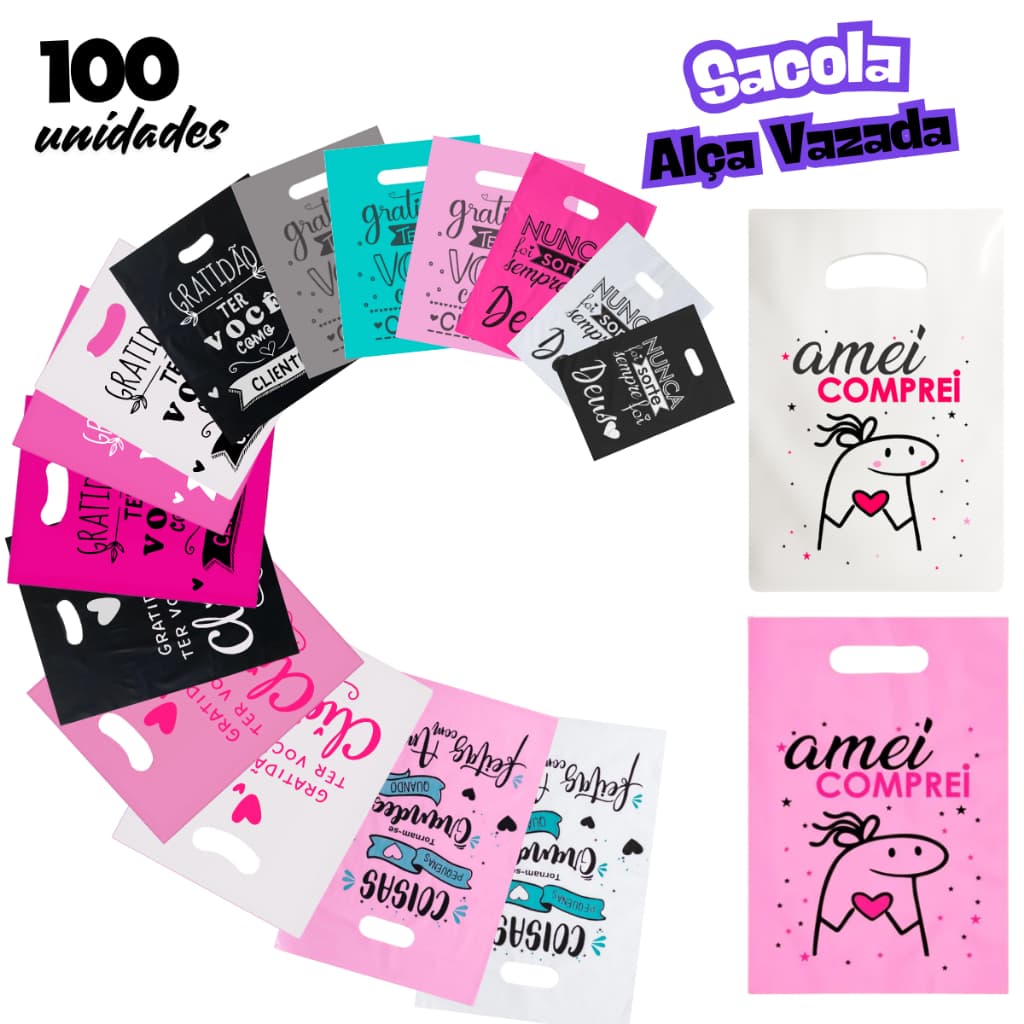 100 Sacolas Boca de Palhaço P, M e G Personalizada Gratidão Ter você como Cliente Sacolinha Plástica 20x30, 30x40 e40x50