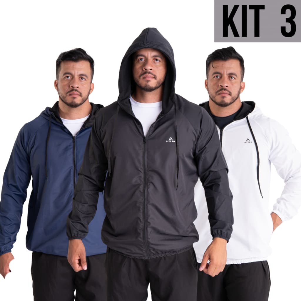 Kit 3 Jaqueta corta vento repelente á água capuz forrado bolso lateral reforçado casual ou treino