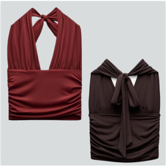 Blusa Feminina Top Faixa de Amarrar no Pescoço Cropped Frente Única  Detalhes de Drapeado Franzido com Forro Duplo