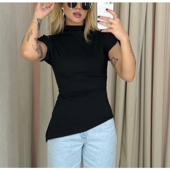 Blusa Blusinha Feminina Assimétrica Ribana Canelada, Básica, Moda Luxo, Chic e Confortável