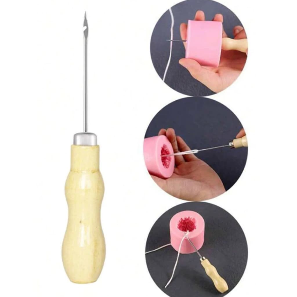 Furador com furo LATERAL de velas e molde de silicone com cabo de madeira.