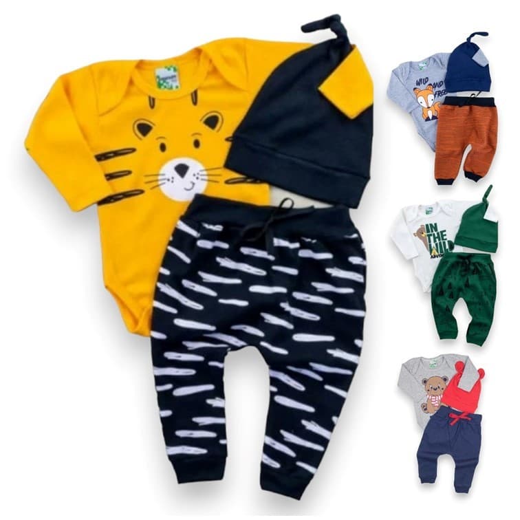 Conjunto body 3 peças estampado inverno longo. Body, Calça saruel e touca Bebê Infantil