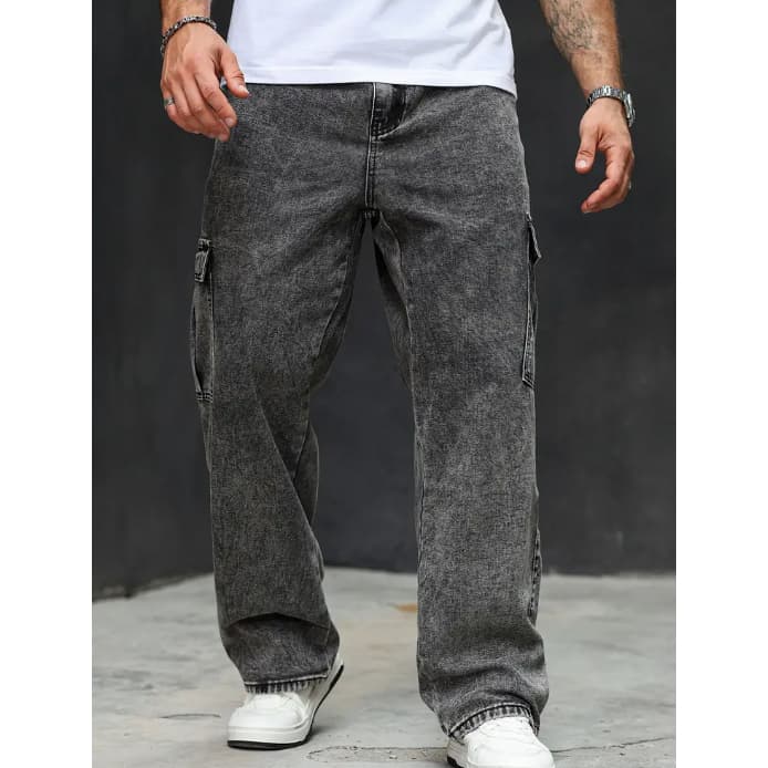 Calça Jeans Cargo  Masculino Baggy  Cintura Com Cordao  Pena Larga Cinza Escuro P AO GG
