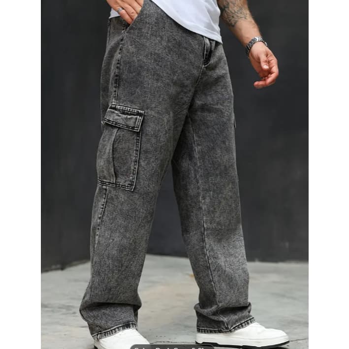 Calça Jeans Cargo  Masculino Baggy  Cintura Com Cordao  Pena Larga Cinza Escuro P AO GG