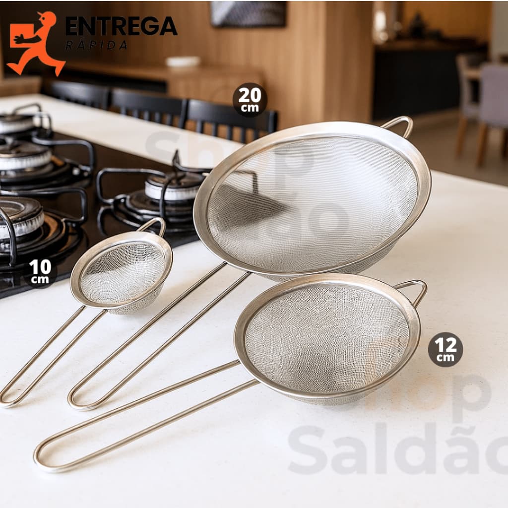 Kit 3 Peneira de Cozinha Aço Inox 10cm 12cm e 20cm Utensílios Grande para Confeitaria e Tapioca