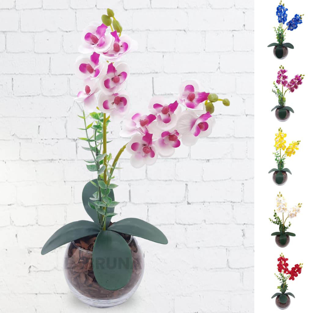 Arranjo Completo de Mini Orquidea de Silicone com Vaso e Cascas de Pinus Natural