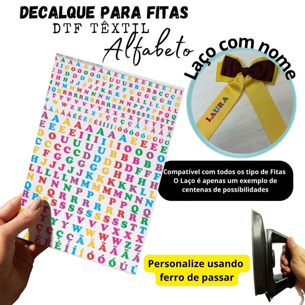 Cartela de alfabeto DTF para personalizar Laços - Aplique com ferro de passar letras para aplicação