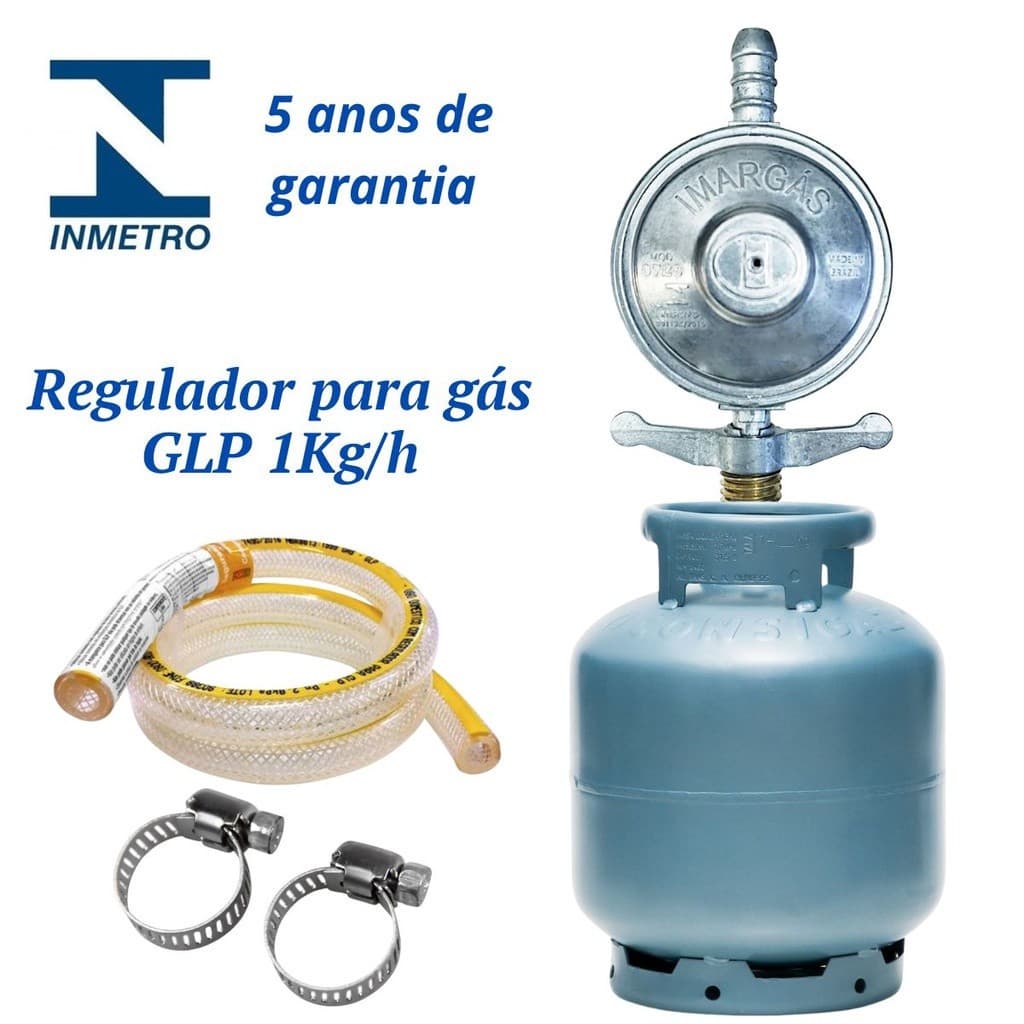 Kit Premium Registro Regulador de Gás de Cozinha Mangueira 1,25m + Abraçadeira