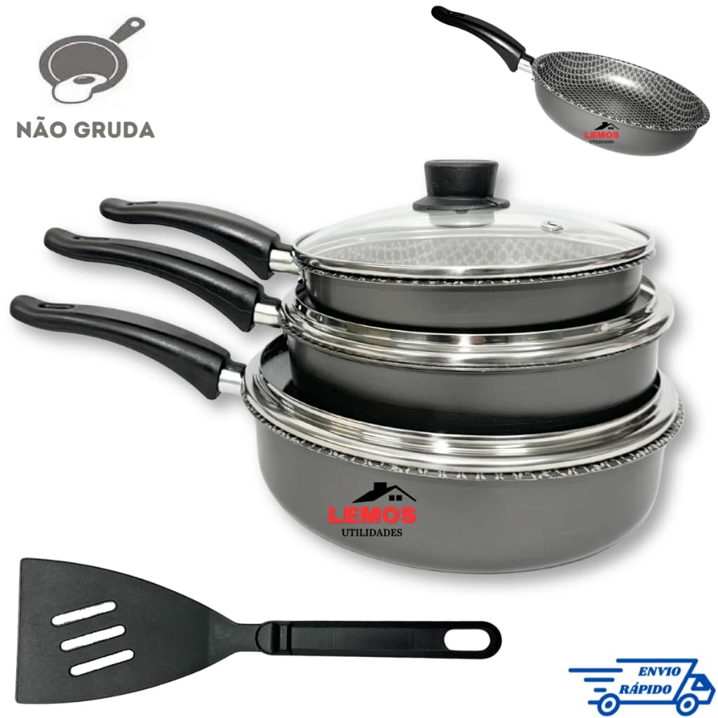 Conjunto Jogo de Frigideiras Antiaderente Com Tampa de Vidro 3 Peças N18 20 22 Interna Rodoprint