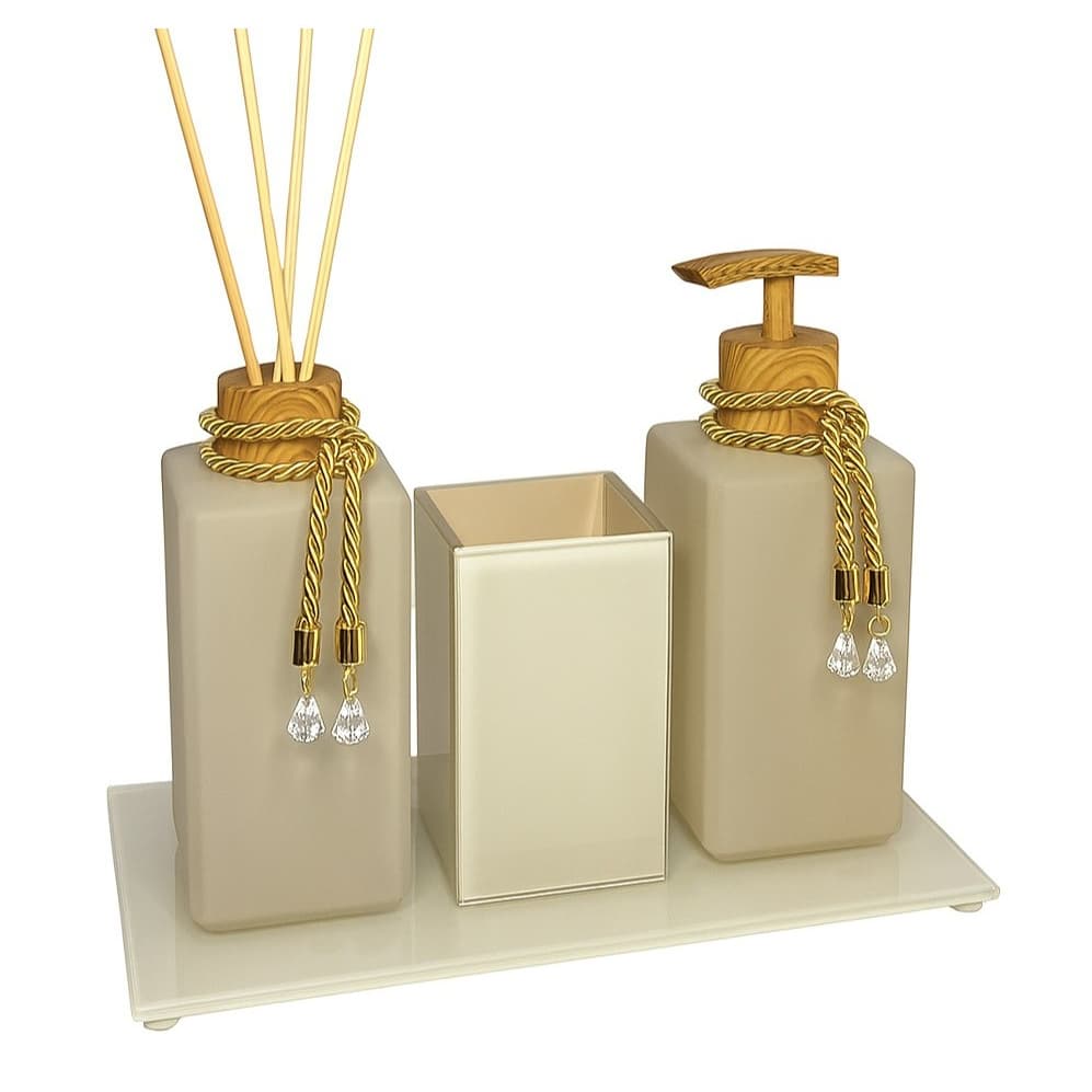Kit Lavabo Bege Sabonete Líquido C/ Porta Escovas Aromatizador de Ambiente Com Bandeja Luxo