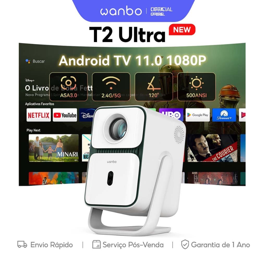 [NEW] Wanbo T2 Ultra Projetor Portatil Mini 1080P Full HD Suporte Android TV 11.0 Wifi Bluetooth 5.0 ASA3.0 Netflix 120°