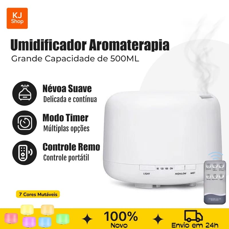 Umidificador Aromatizador 500ML LED 7 Cores Com Controle Remoto Difusor Portátil Quarto