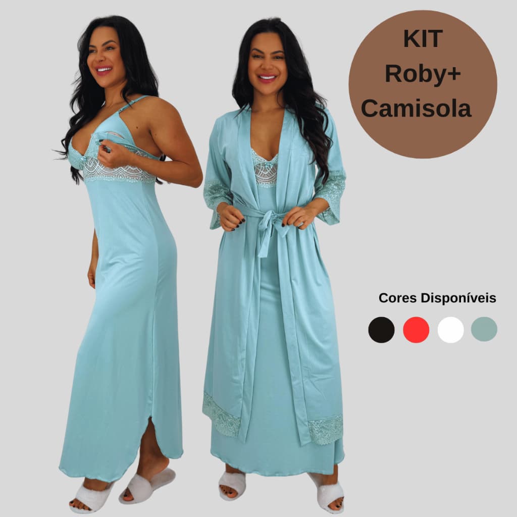 Kit de Robe e Camisola de Renda Longos sem Bojo Amamentação Feminina Kit Maternidade Luxo Microfibra