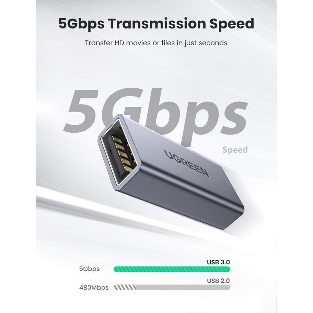 Ugreen - Emenda USB 3.0 Fêmea para Fêmea Alumínio – Adaptador Extensor Cabo USB SuperSpeed 5Gbps